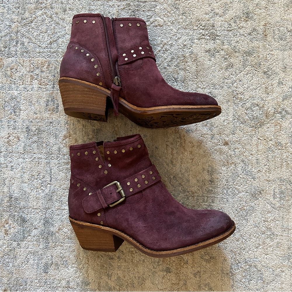 Sofft rustic red  suede with gold studs full zip low heel boots size 7.5